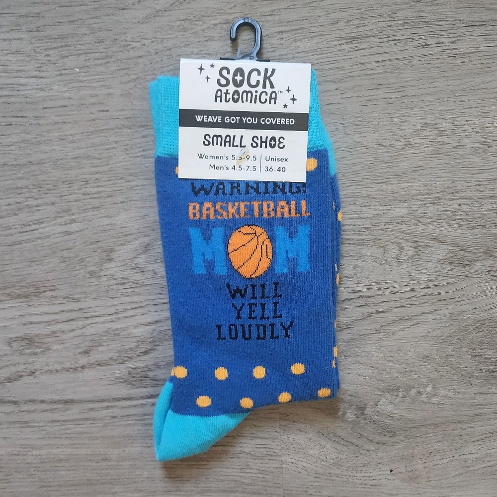 NWT Sock Atomica Women's Warning Basketball Mom Will Yell Loudly Crew Socks